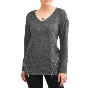 French Laundry Cozy Long Sleeve Zipper Trim Gray V-Neck Top-Size M